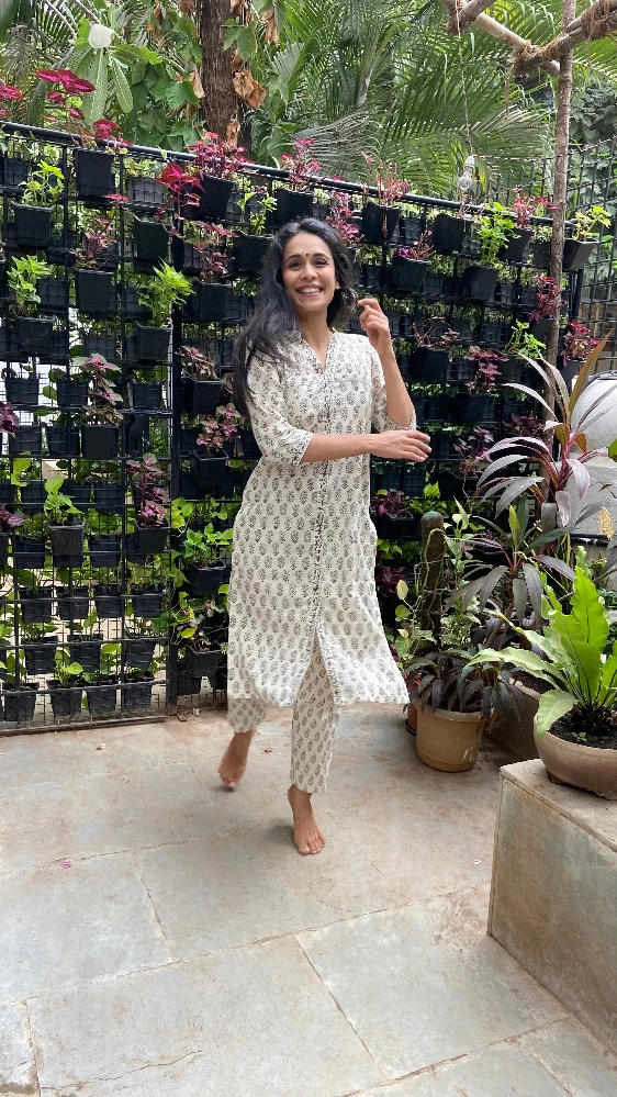 White Cotton Kurti with Brown Bagh Hand Block Print-3.webp